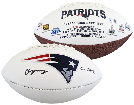 Patriots Christian Gonzalez signierter Super Bowl Ball ,,Go Pats,, gschrieben