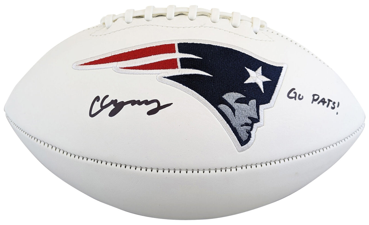 Patriots Christian Gonzalez signierter Super Bowl Ball ,,Go Pats,, gschrieben