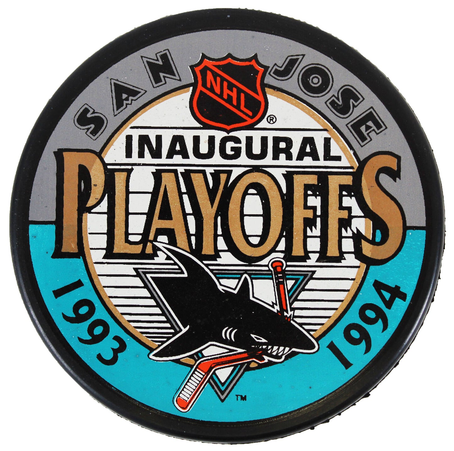 offiziell lizenzierter Puck der San Jose Sharks NHL First Playoffs aus dem Jahr 1993, nicht signiert