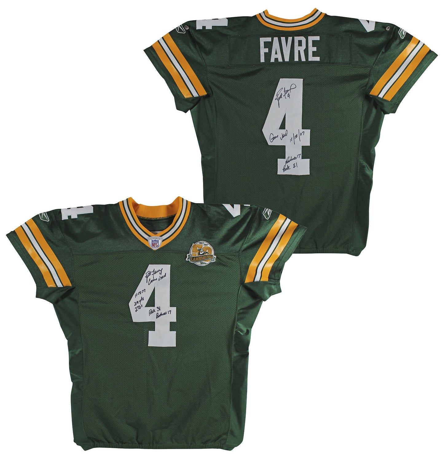 Packers Brett Favre signiertes Spiel gebraucht grün Reebok Trikot BAS & fotomattiert! Game Used 11/18/07 Panthers 17 Pack 31 218 yds 2 TD's