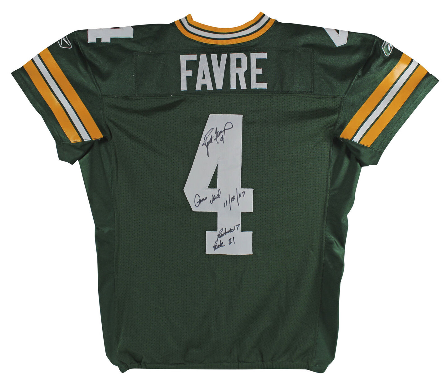 Packers Brett Favre signiertes Spiel gebraucht grün Reebok Trikot BAS & fotomattiert! Game Used 11/18/07 Panthers 17 Pack 31 218 yds 2 TD's