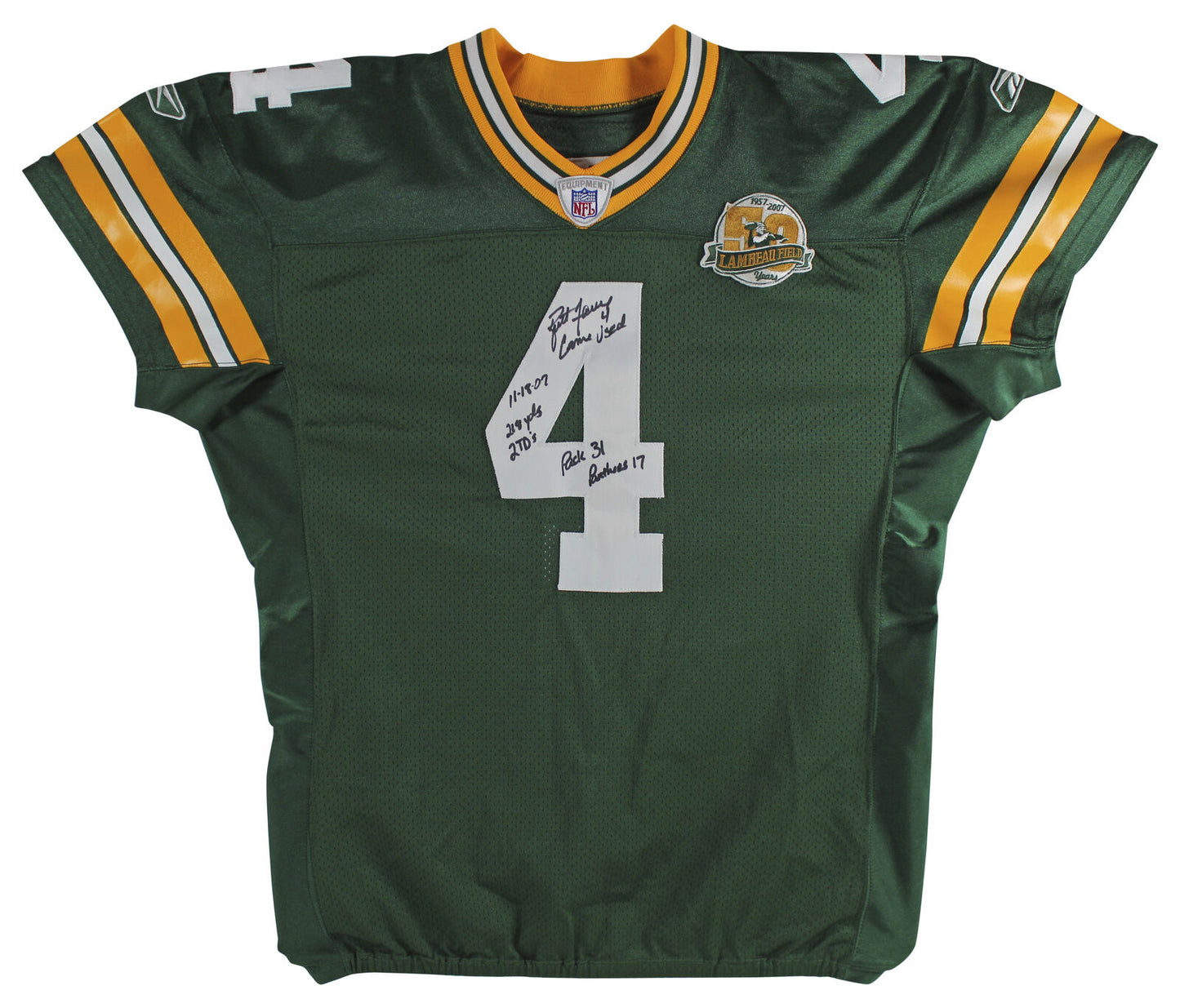 Packers Brett Favre signiertes Spiel gebraucht grün Reebok Trikot BAS & fotomattiert! Game Used 11/18/07 Panthers 17 Pack 31 218 yds 2 TD's