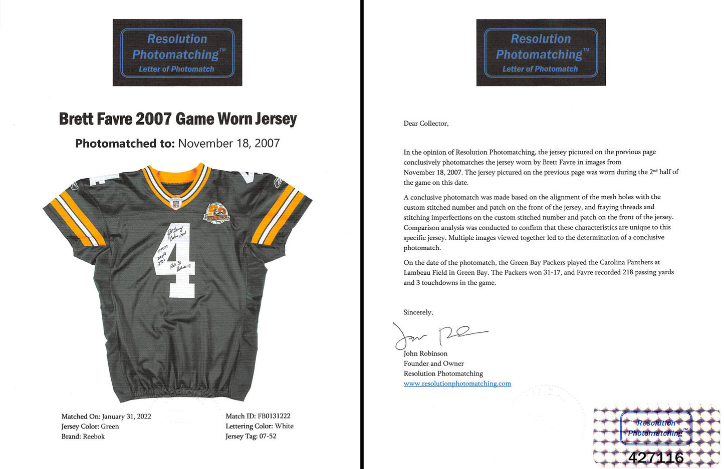 Packers Brett Favre signiertes Spiel gebraucht grün Reebok Trikot BAS & fotomattiert! Game Used 11/18/07 Panthers 17 Pack 31 218 yds 2 TD's