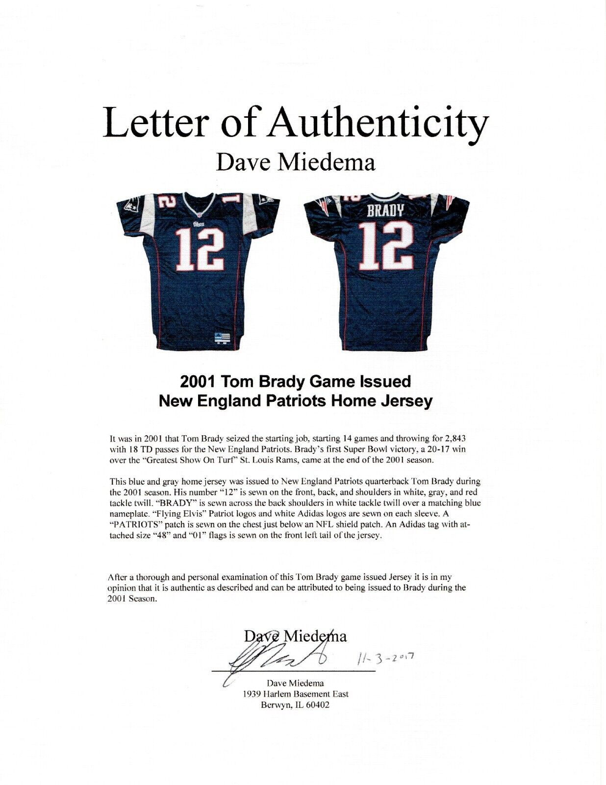 Tom Brady Game Worn / Issued Jersey 2001 New England Patriots