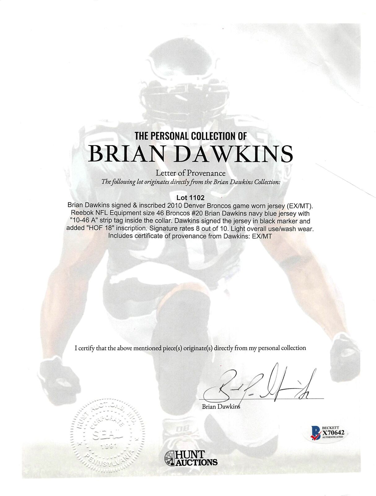 Brian Dawkins "HOF 18 2010 Spiel gebraucht!!" Signiert 2010 GU marineblau Nike Trikot BAS