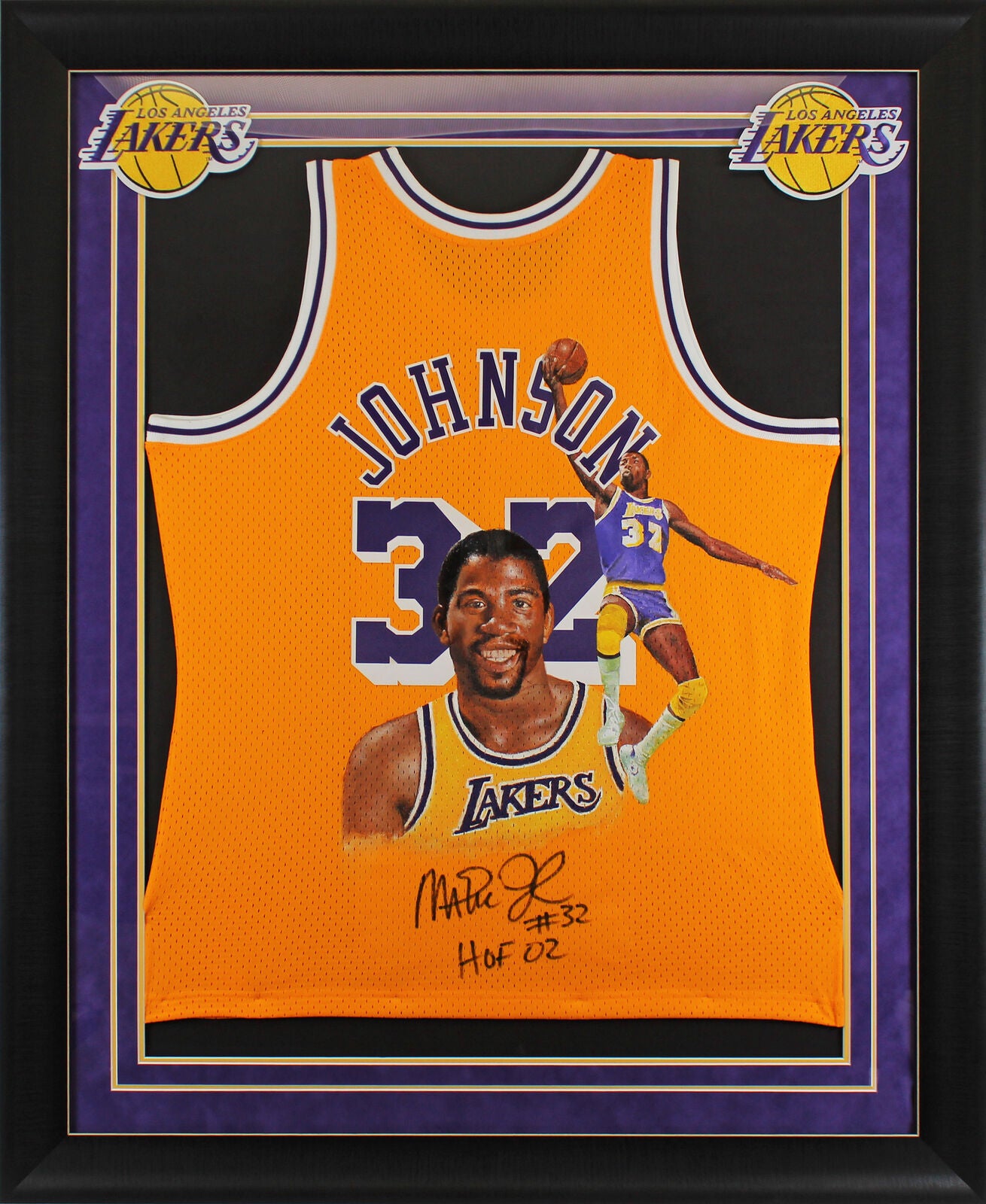 Lakers Magic Johnson "#32, HOF 02" signiertes gerahmtes Trikot