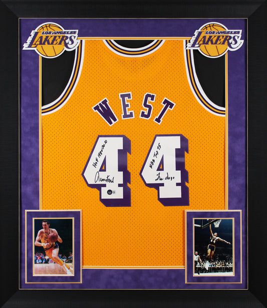 Lakers Jerry West ""3x Insc"" signiertes gerahmtes Trikot