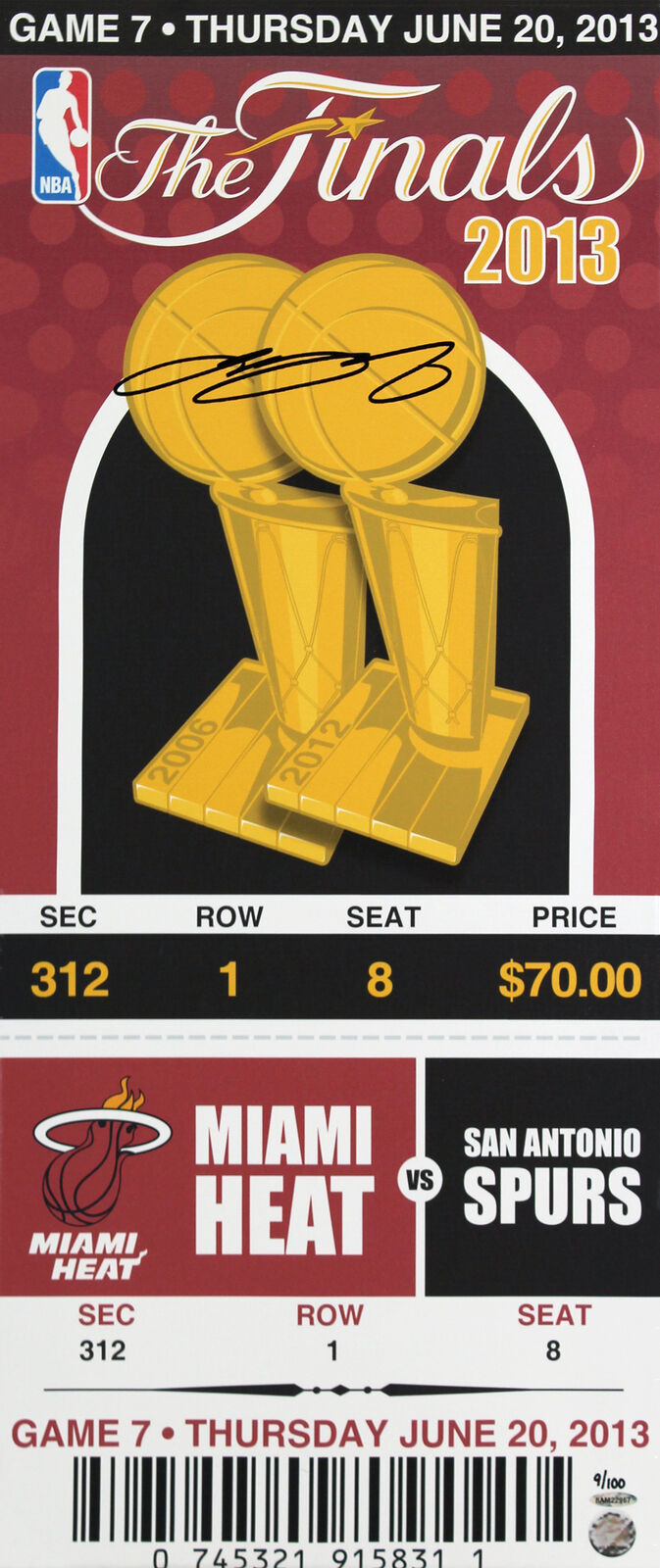 Heat LeBron James signiertes 35x84cm 2013 Finale Mega Ticket Canvas LE #9/100 UDA