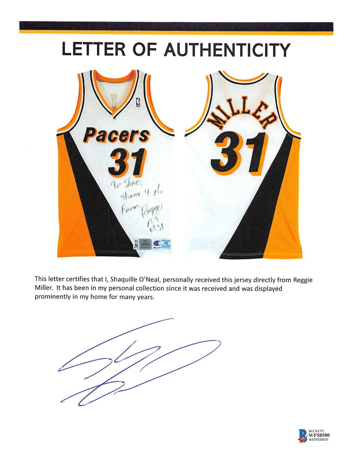 Pacers Reggie Miller ""To Shaq"" signiertes Spiel getragenes 1993-94 Champion Trikot BAS