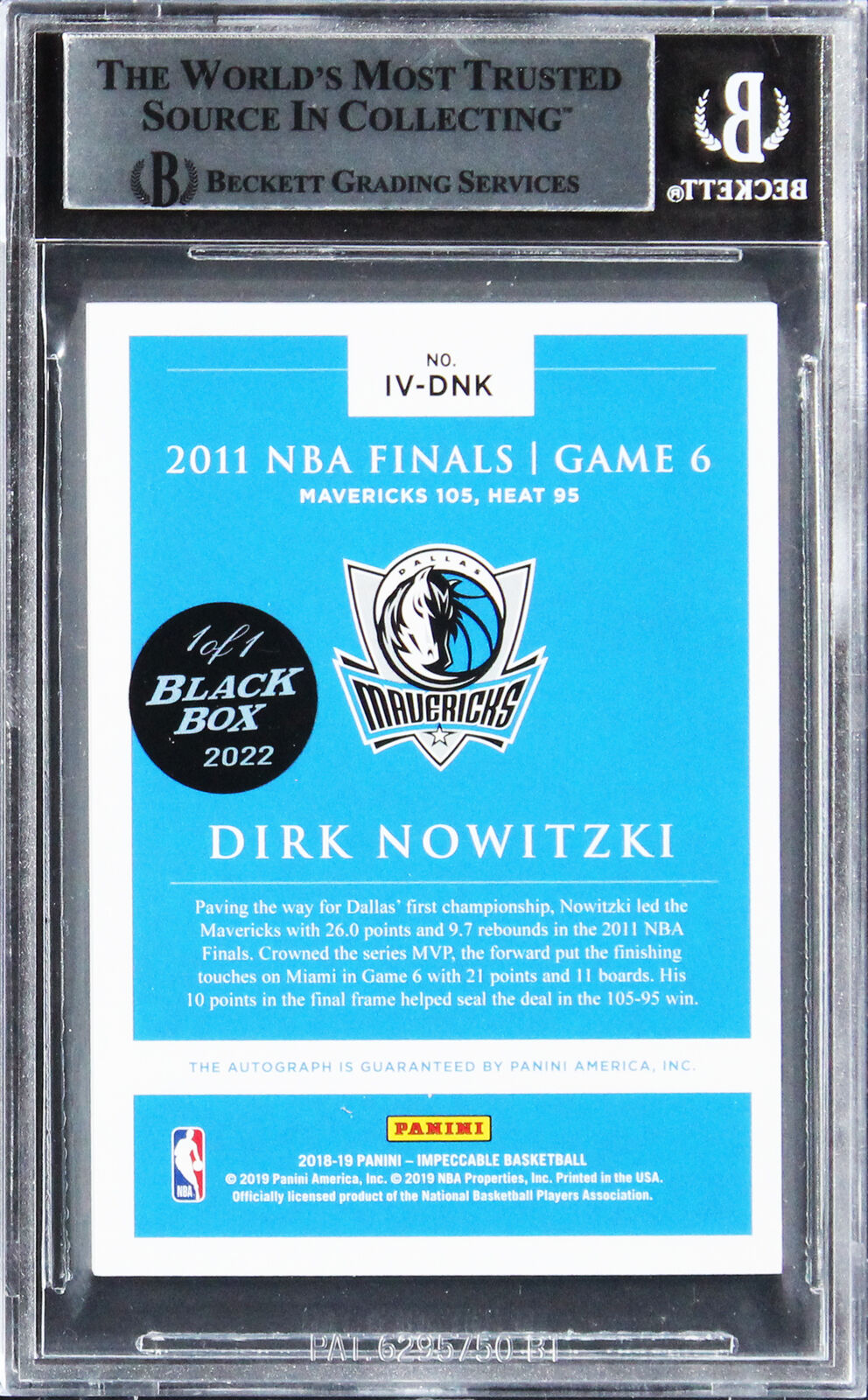 Dirk Nowitzki signierte 2018 Panini Karte BB 1/1 #DNK Karte